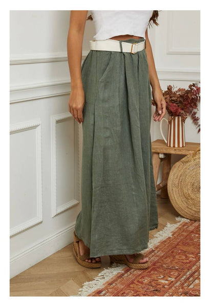 Byxor m. skärp i 100% linne : Khaki