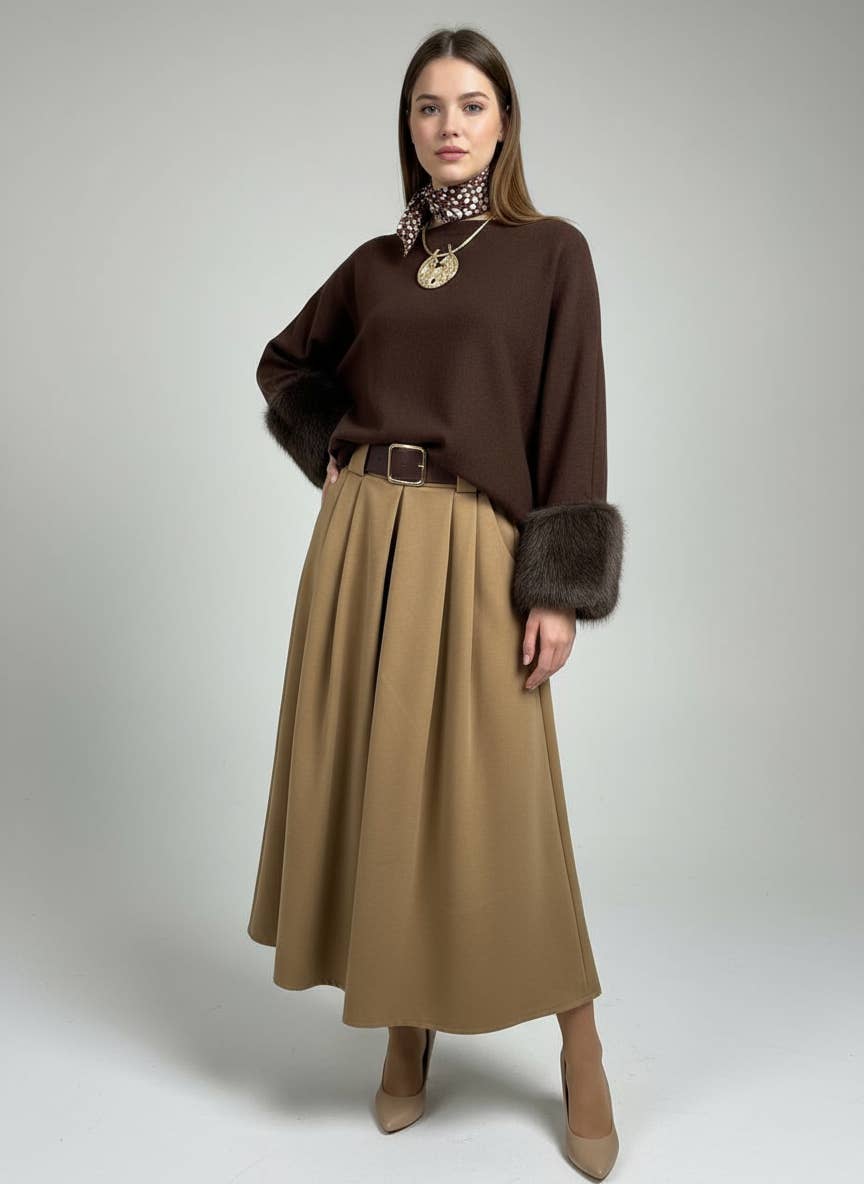 Lång kjol med bälte i mjuk mocka-finish: Free Size