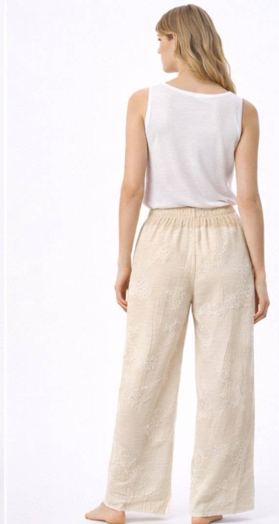 Broderade långbyxor i bomull: beige