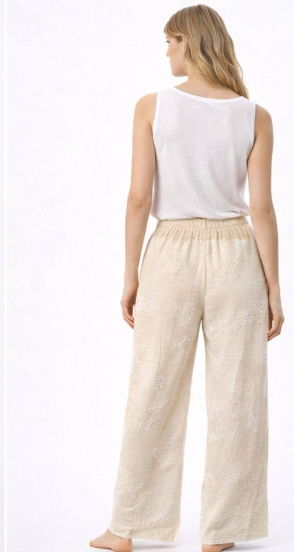Broderade långbyxor i bomull: beige