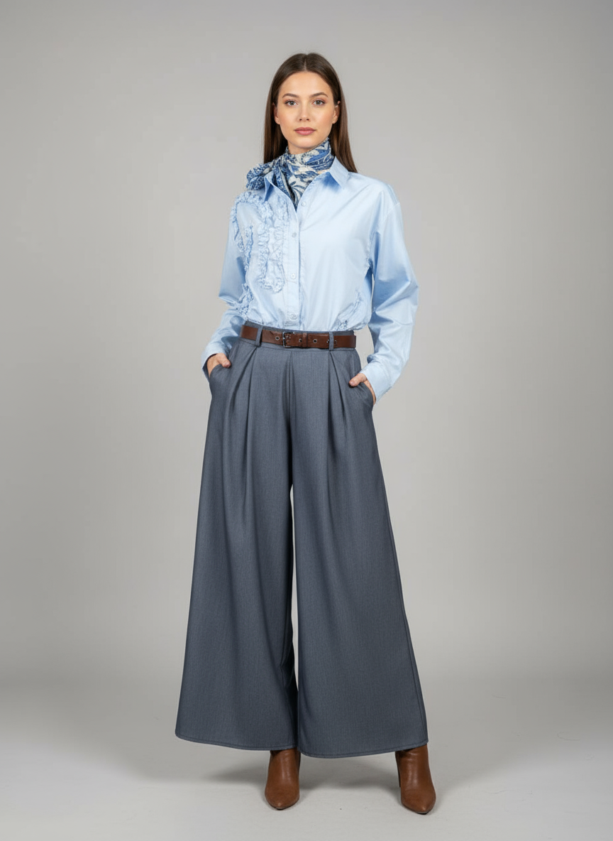 Grå-blå vida byxor med bälte och fickor: Free Size