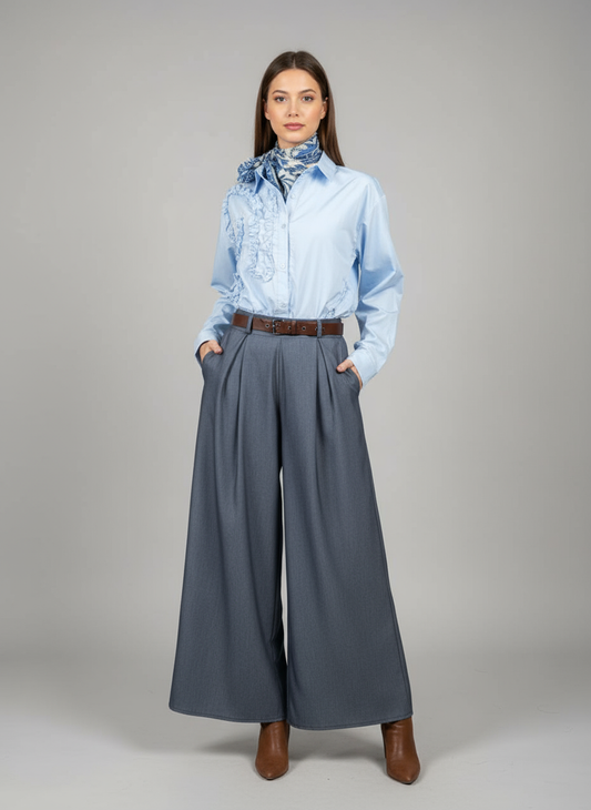 Grå-blå vida byxor med bälte och fickor: Free Size