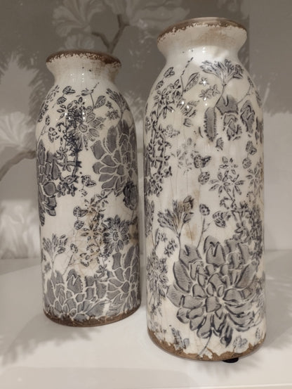 Flaska / Vas Lourdes med fransk blommönster - Antik Blå - H20cm