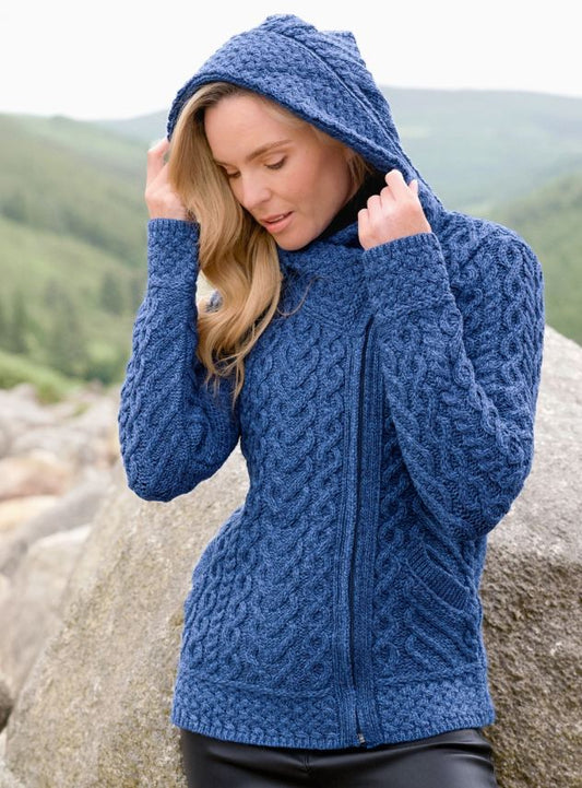 Cardigan med huva och hjärt Design Huva - 100% Merinoull - Marl Blue