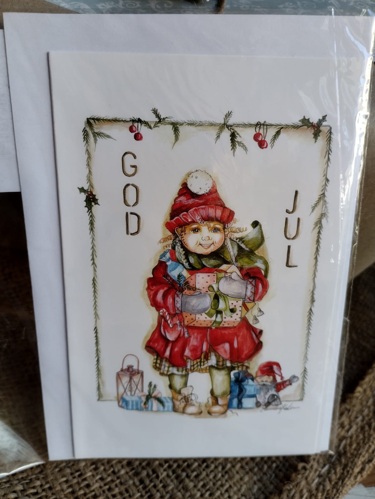 Julkort dubbelt inkl Kuvert - Motiv: Barn med Julklapp