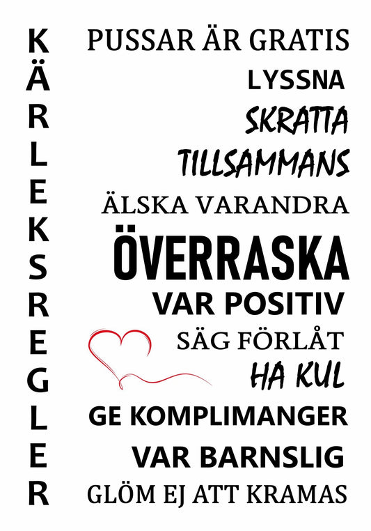 Poster - Kärleksregler - inkl. Ram