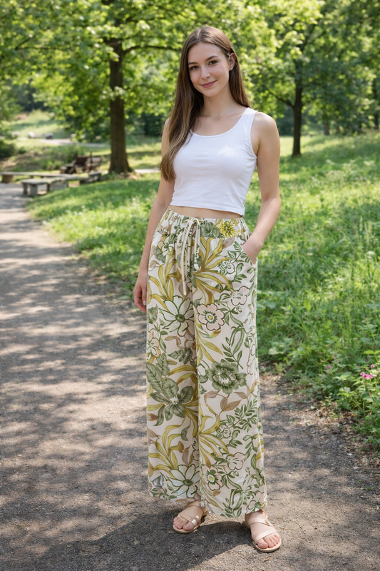 Layla blommiga byxor med fickor - Grön - XL/XXL