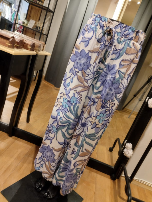 Blå blommiga byxor med fickor - XL/XXL - 952-7
