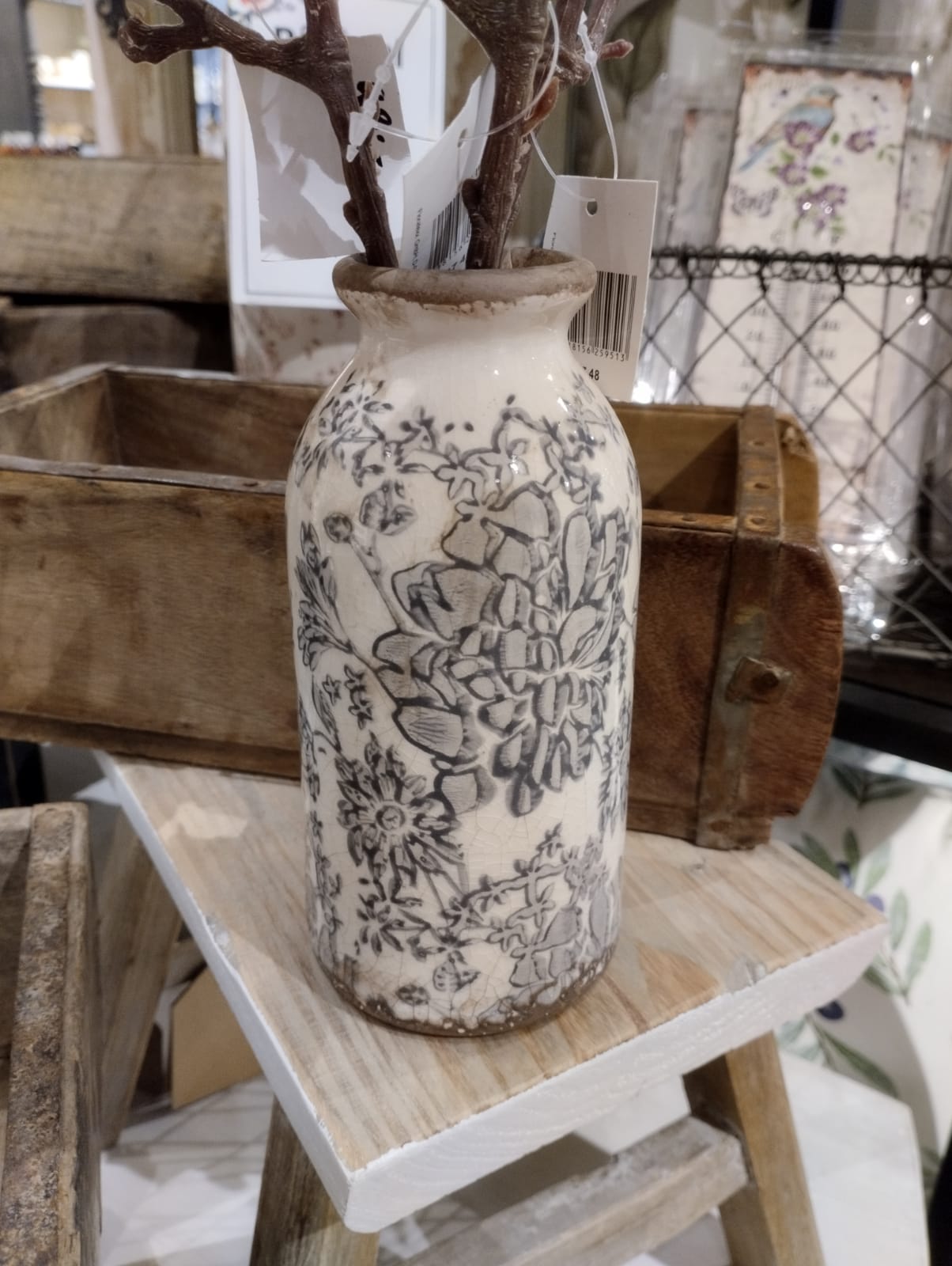 Flaska / Vas Lourdes med fransk blommönster - Antik Blå - H 16cm