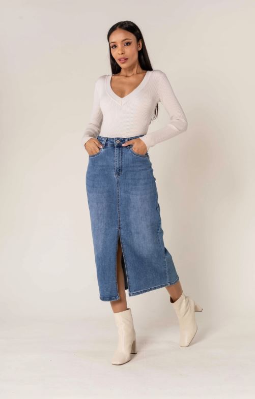 Denim jeans lång kjol med delad framsida - Nina Carter