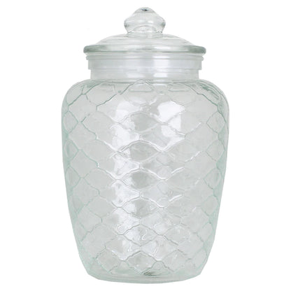Rundad glasburk i klarglas med mönster och lock.  Material: Glas  Färg: Transparent  Storlek: Ø 15 cm x H 25,7 cm